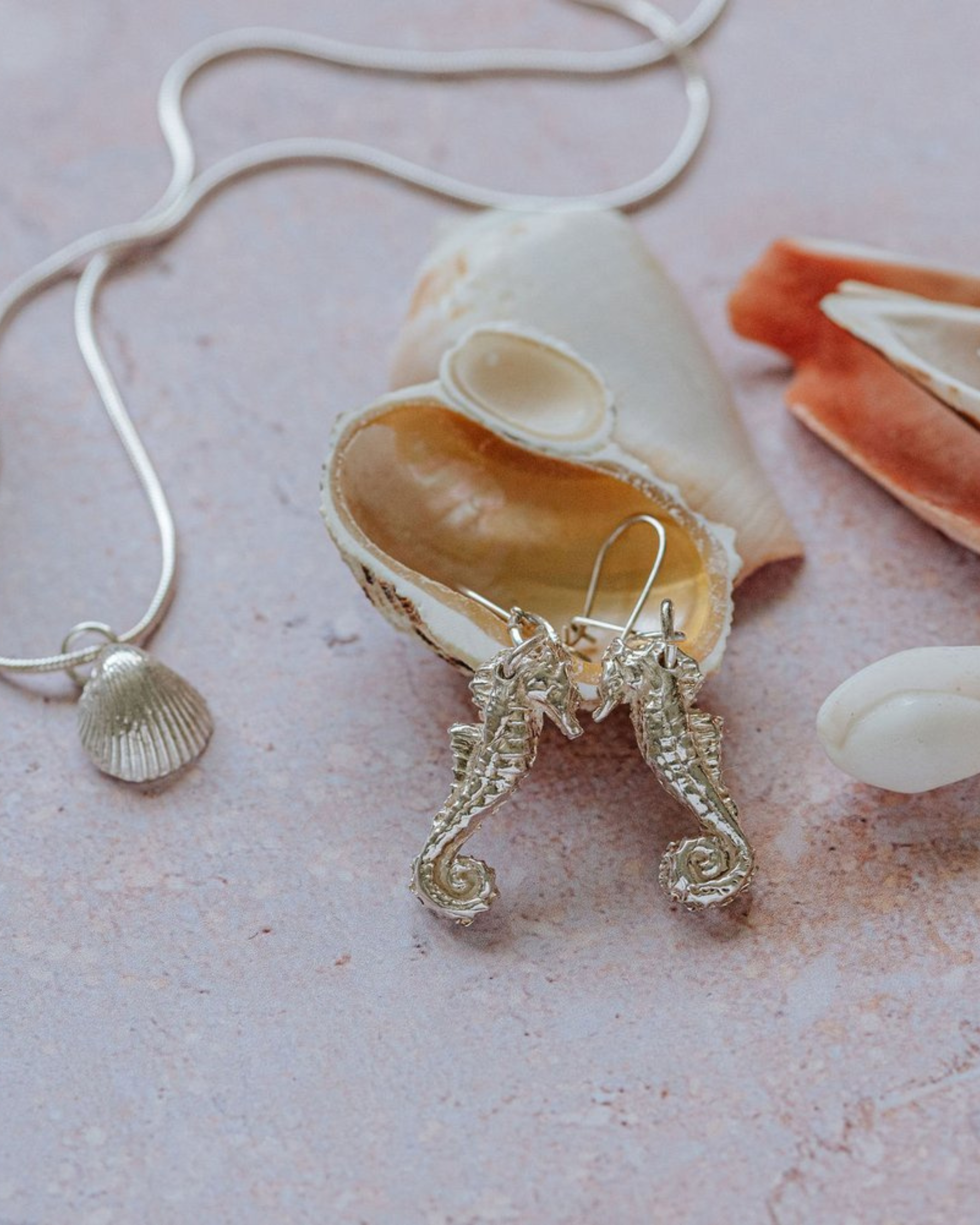 Silver seahorse earrings and shell charm necklace styled with seashells on a blush-toned surface, part of the coastal jewellery collection.
