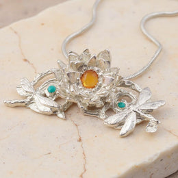 Handmade silver dragonflies and water lily necklace with citrine and turquoise gemstones
