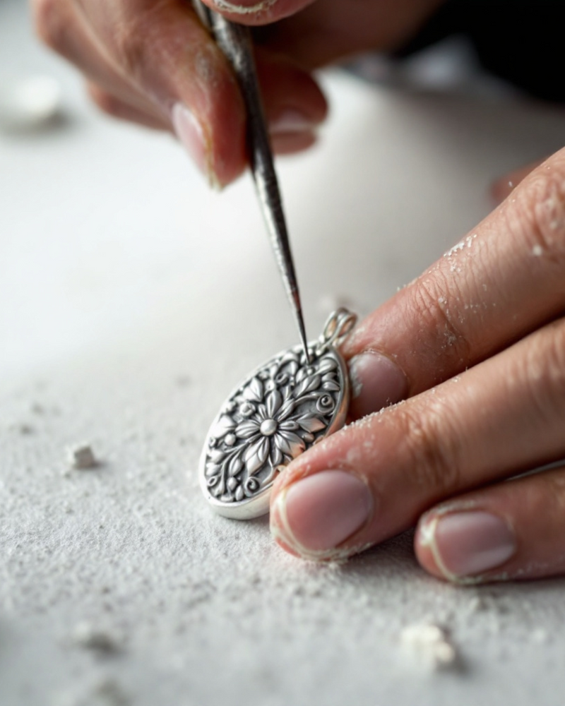 Handcrafting a silver floral pendant during a silver clay jewellery making workshop