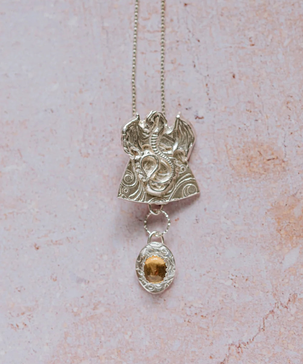 Handmade silver dragon pendant necklace with drop citrine gemstone, unique silver jewellery UK