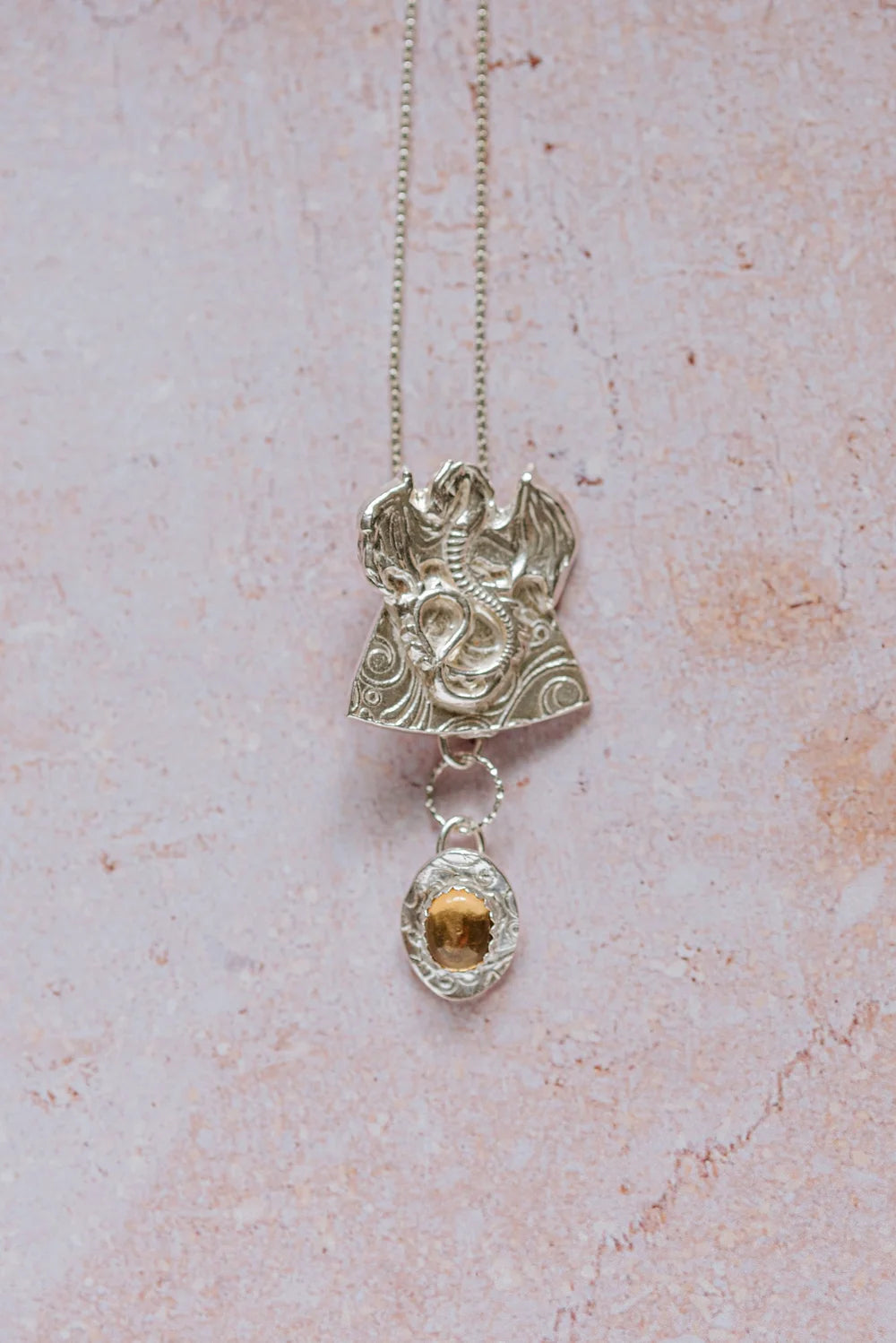 Handmade silver dragon pendant necklace with drop citrine gemstone, unique silver jewellery UK