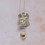 Handmade silver dragon pendant necklace with drop citrine gemstone, unique silver jewellery UK