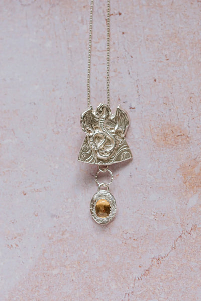 Handmade silver dragon pendant necklace with drop citrine gemstone, unique silver jewellery UK