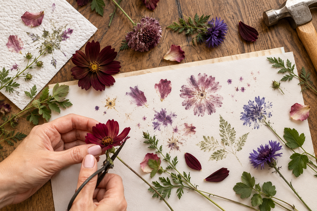 Flower-hammered botanical cards and prints for Sue’s tataki-zomé workshop