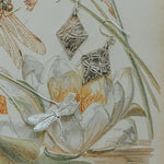 Dragonfly Necklace 2 displayed with silver dragonfly earrings on vintage botanical illustration, artisan nature inspired jewellery gift UK