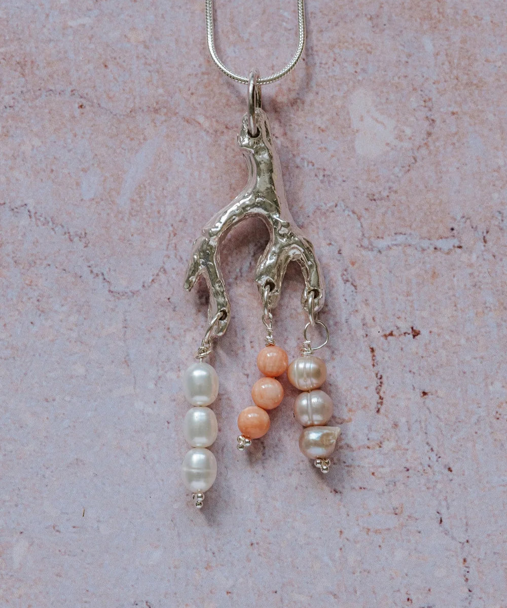 Handmade fine silver coral and pearl pendant necklace on 16-inch chain, ocean-inspired jewellery by Magic of Fireflies and Dragonflies