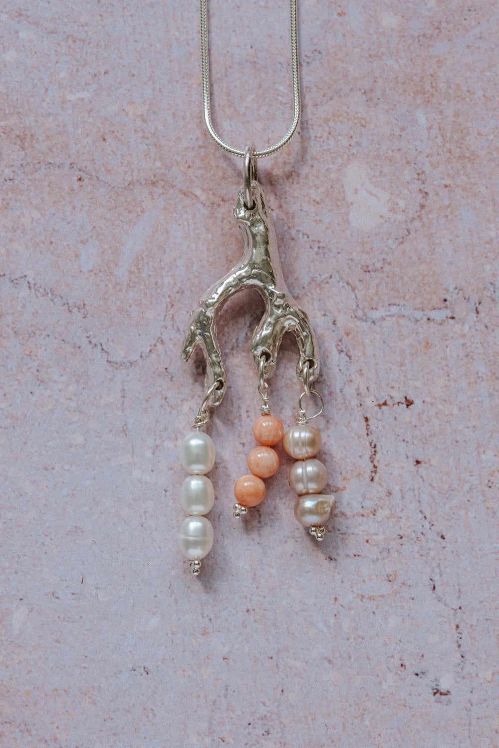 Handmade fine silver coral and pearl pendant necklace on 16-inch chain, ocean-inspired jewellery by Magic of Fireflies and Dragonflies