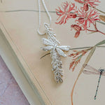 Handmade fine silver dragonfly and catkin pendant necklace on sterling chain, artisan nature inspired jewellery gift for her, symbolic silver pendant UK