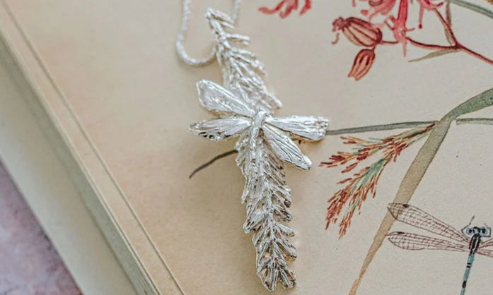 Handmade fine silver dragonfly and catkin pendant necklace on sterling chain, artisan nature inspired jewellery gift for her, symbolic silver pendant UK