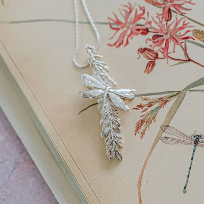 Handmade fine silver dragonfly and catkin pendant necklace on sterling chain, artisan nature inspired jewellery gift for her, symbolic silver pendant UK