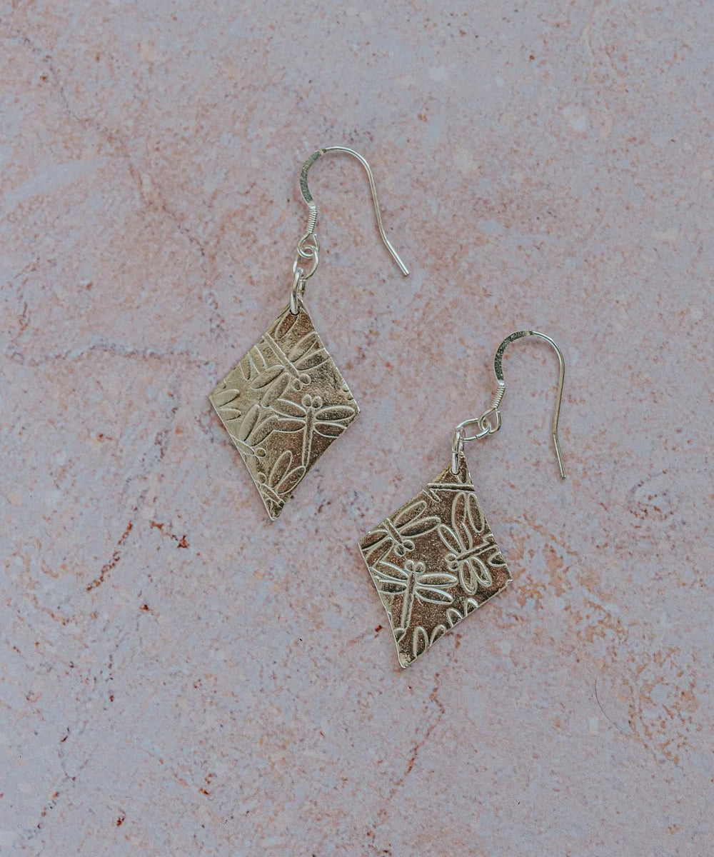 artisan jewellery pair of dragonfly drop earrings, 25th wedding anniversary gift for her, 