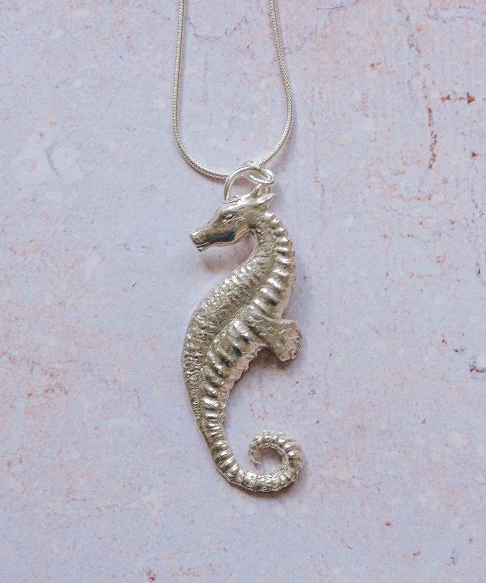 Handmade recycled fine silver seahorse pendant on 16 inch silver chain, detailed textured design
