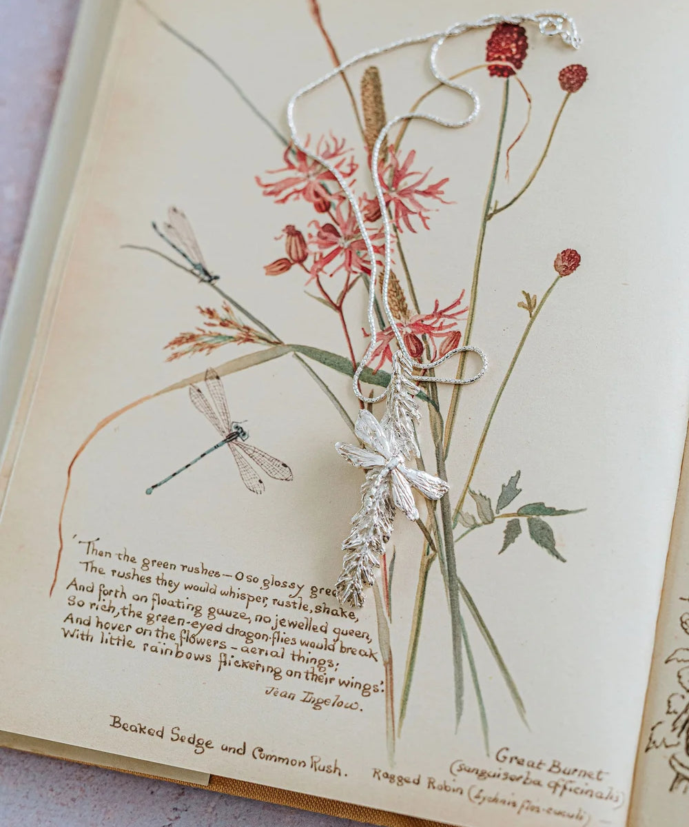 Handmade silver dragonfly and catkin pendant necklace resting on vintage botanical book illustration, artisan nature inspired jewellery gift for her