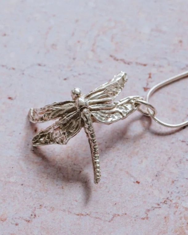 Close-up handmade silver dragonfly pendant necklace with detailed textured wings symbolising transformation and renewal