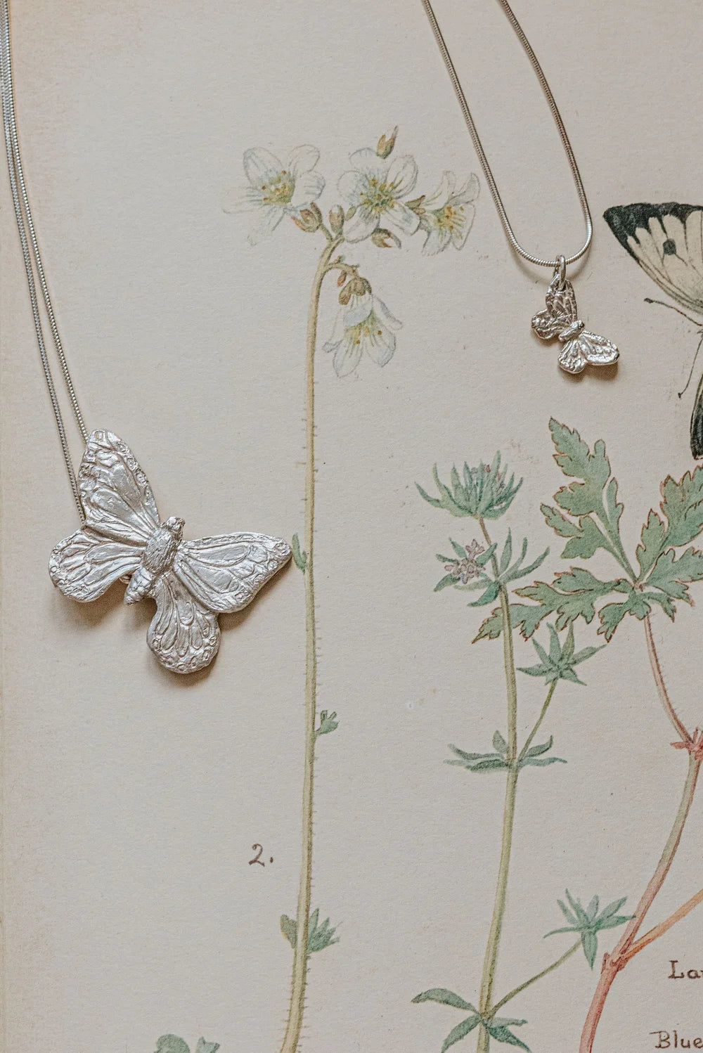 Large and small recycled silver butterfly pendants on snake chains, displayed on botanical illustration background