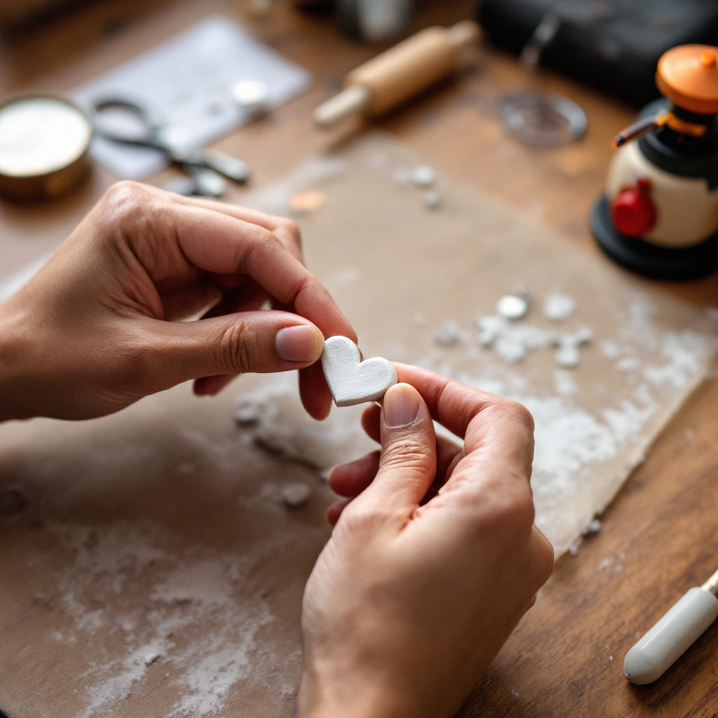 Hands shaping a silver clay heart pendant during a beginner silver jewellery making workshop