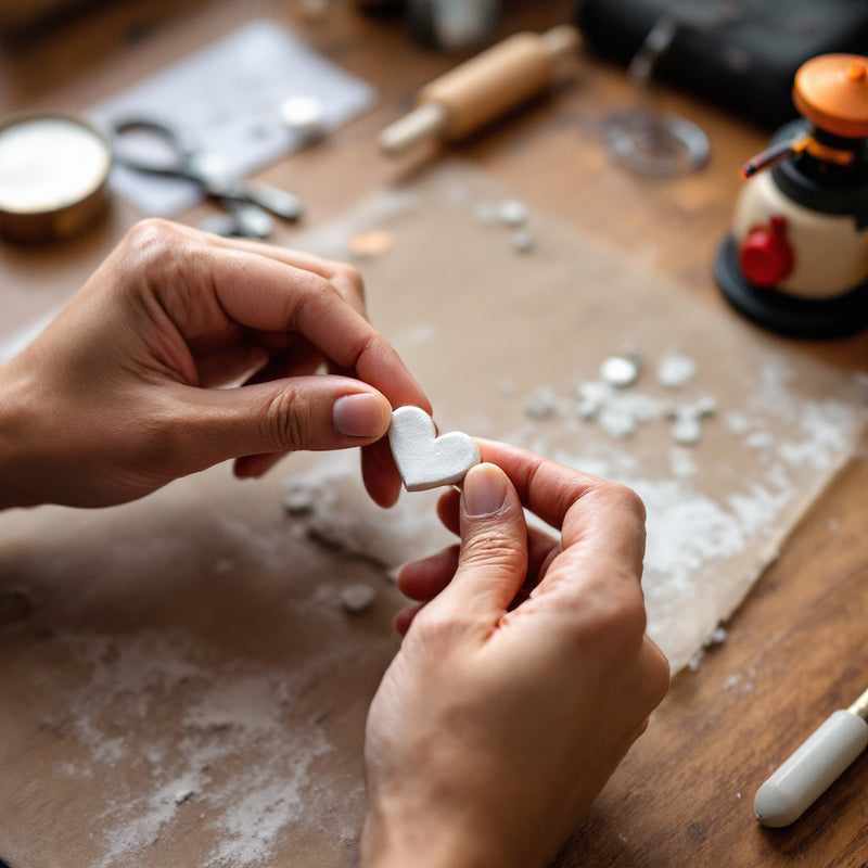 Hands shaping a silver clay heart pendant during a beginner silver jewellery making workshop