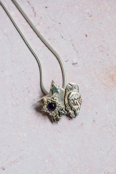 Silver Owl and Star Necklace with Amethyst