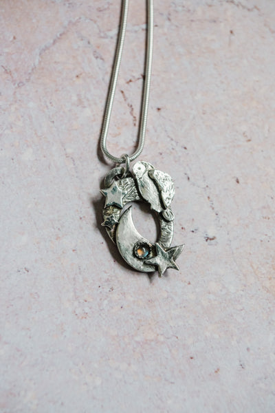 Silver Celestial Owl Necklace with Moonstone