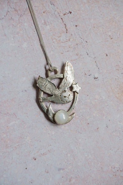 Silver Moon and Owl Necklace with Moonstone