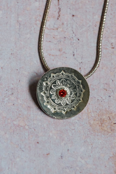 Silver Mandala Orange CZ Necklace