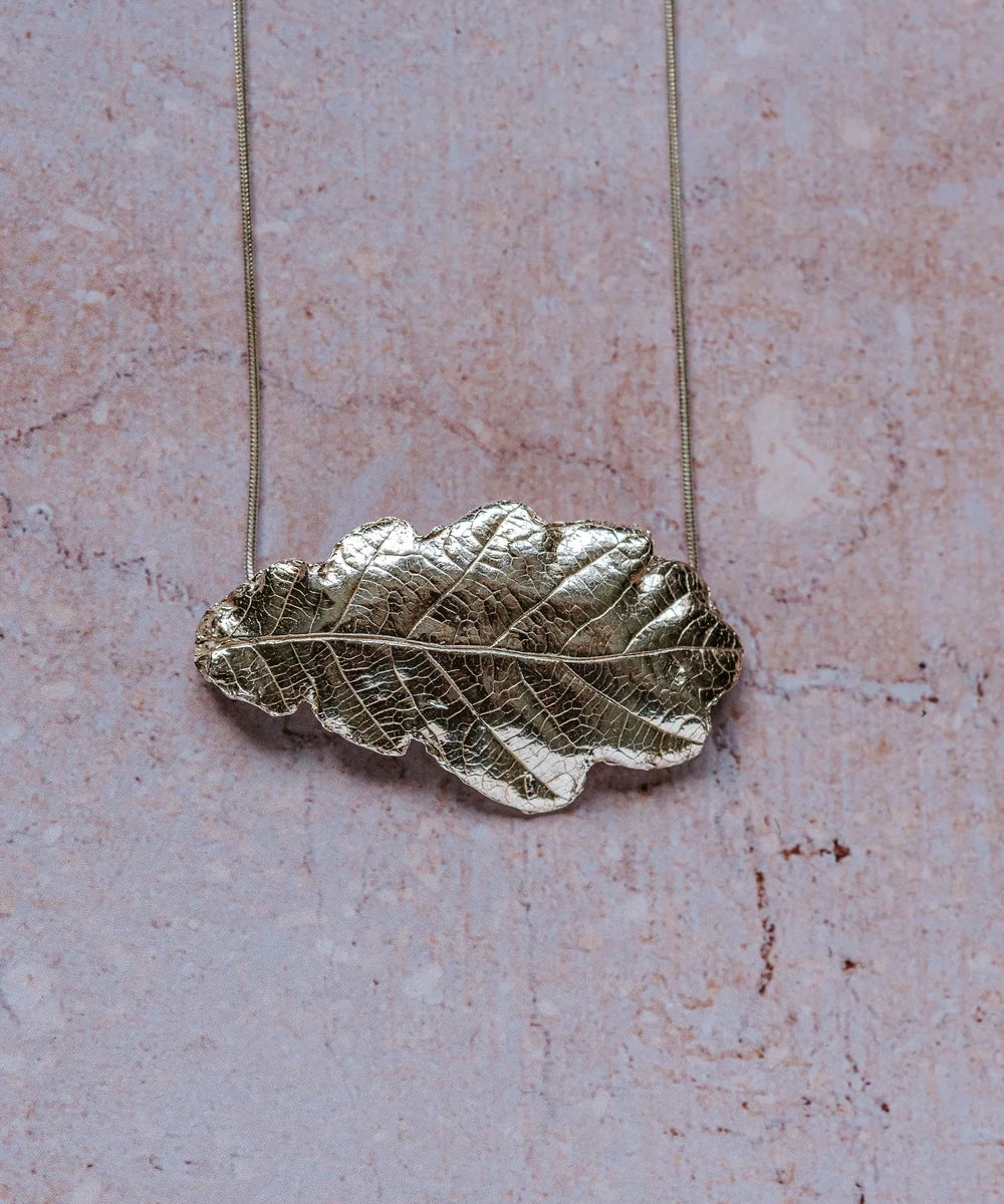 Fine silver oak leaf pendant necklace handcrafted from a real leaf, eco-friendly jewellery made in the UK