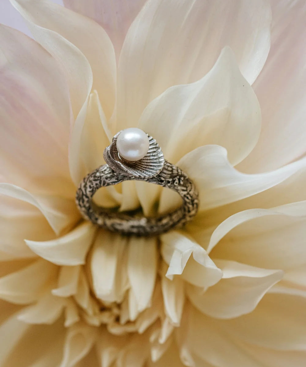 Handmade recycled silver ring with freshwater pearl in shell setting, displayed on cream dahlia flower