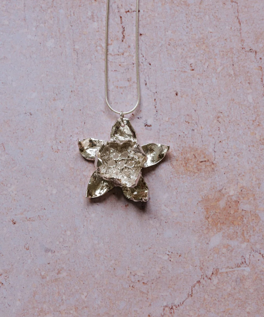 Handmade fine silver water lily pendant with rose quartz cabochons on sterling silver chain