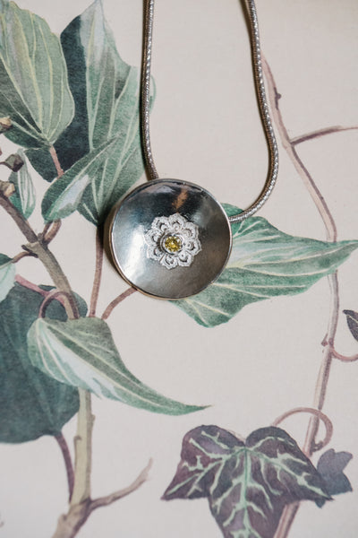 Silver Mandala Disc Necklace with Yellow CZ